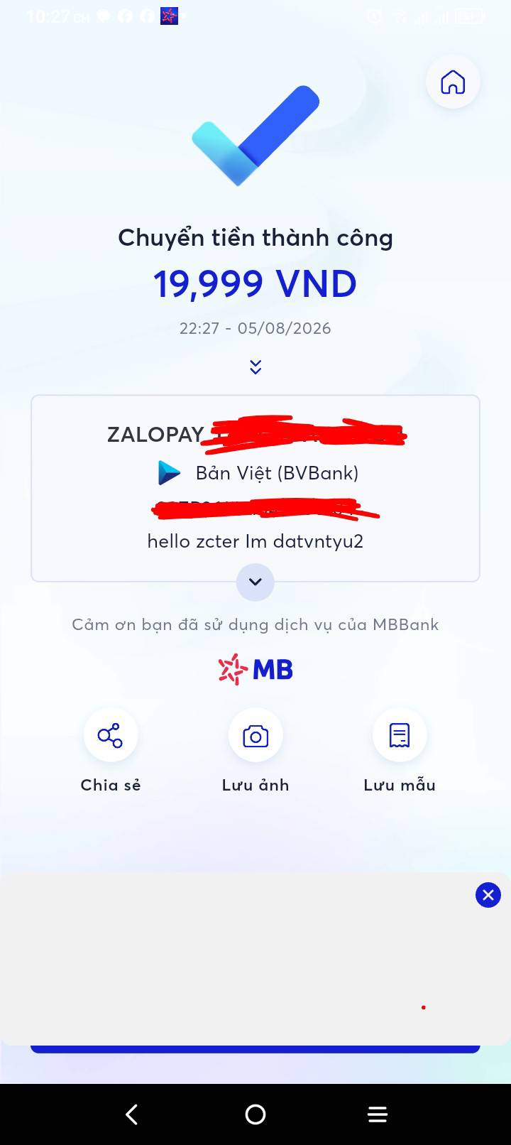 Proof chuyển tiền thành công 19.999 VNĐ ngày 05/08/2026